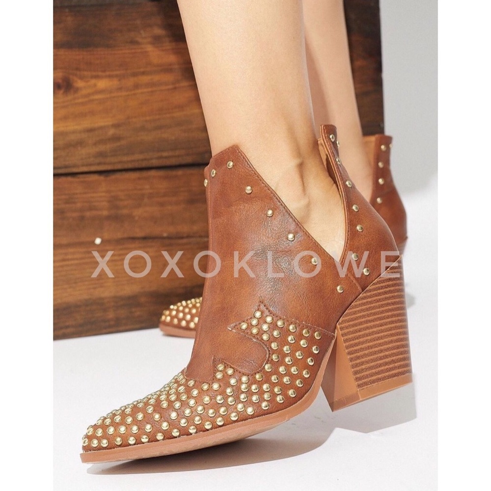 MATA Tan Studded Western Ankle Boots | Vegan Leather - Picture 8 of 11